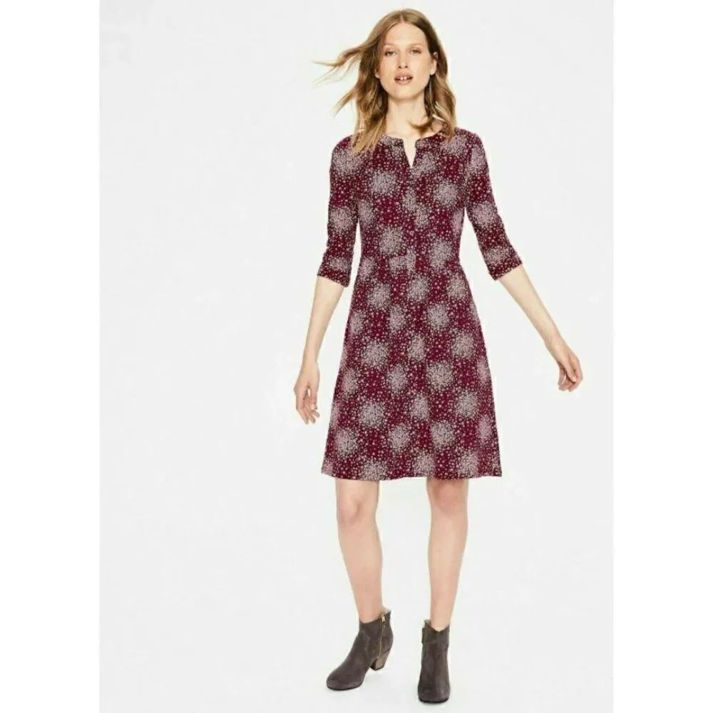 Boden Womens Briar Dress UK 12 US 8 Maroon Floral Knee Length 3/4 Sleeve NWT